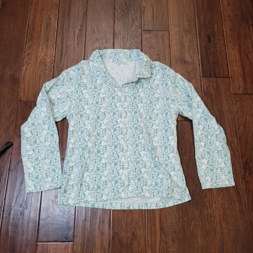 Garnet Hill Organic Cotton Flannel Greenish Blue & Creamy White Pajamas size XS